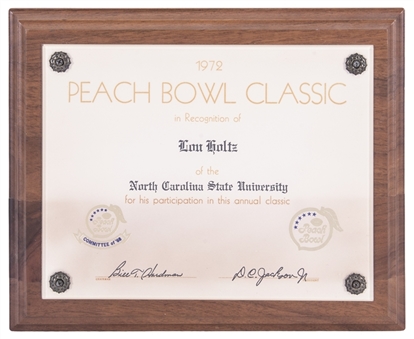 1972 Peach Bowl Classic Recognition Plaque Presented To Lou Holtz (Holtz LOA)